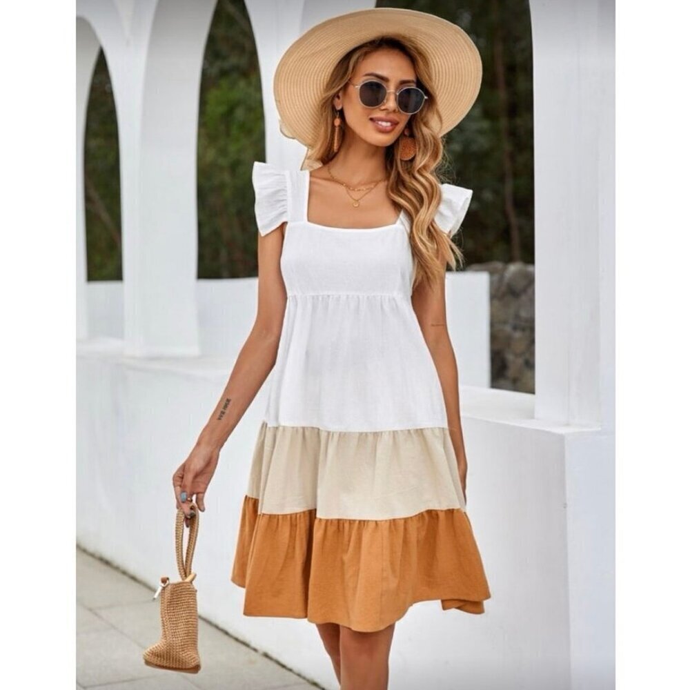 Shein Colorblock Orange White Ruffle Strap Tiered Mini Women’s Dress Small EUC